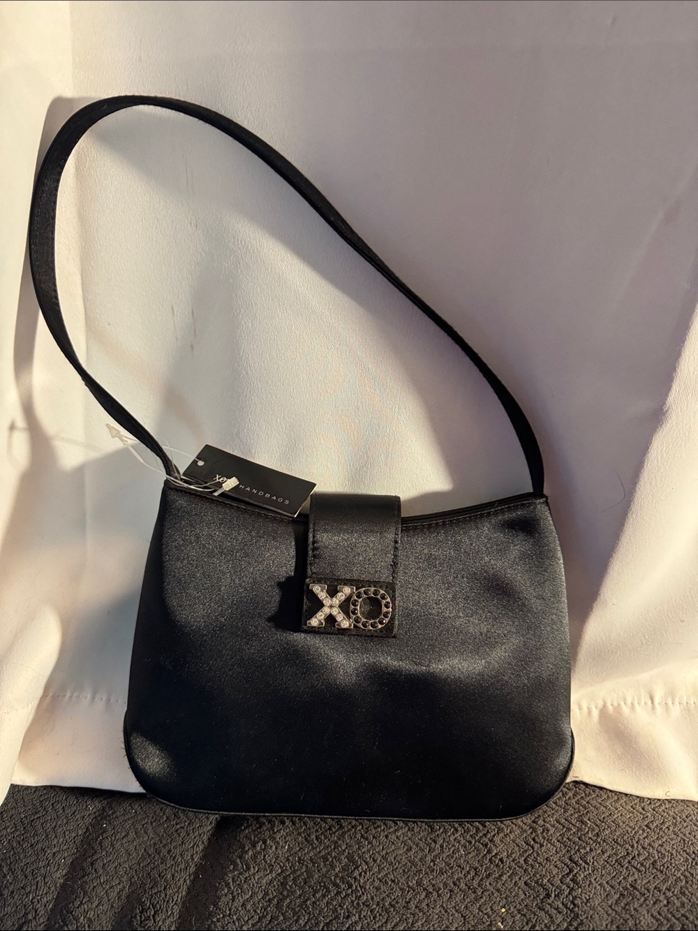 XOXO Black Satin Shoulder Bag with Crystal XO Logo